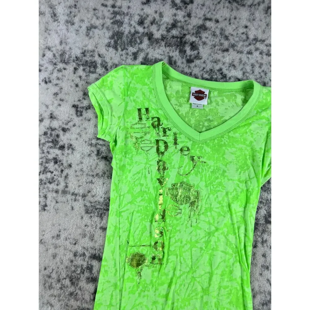 Green Harley Davidson Lace Top Womans Small Spellout Biker Y2k Motorcycle